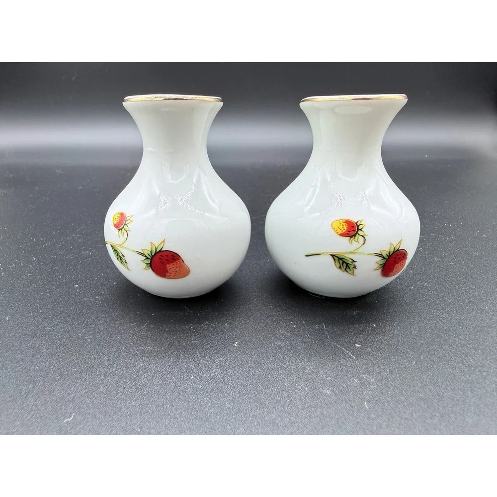 OMC Japan Miniature Porcelain Strawberry Bud Vases Gold Rim Set of 2 Vintage